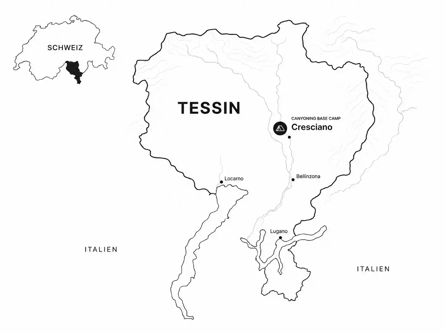 Karte des Tessins im Süden der Schweiz mit Cresciano, Bellinzona, Locarno und Lugano
